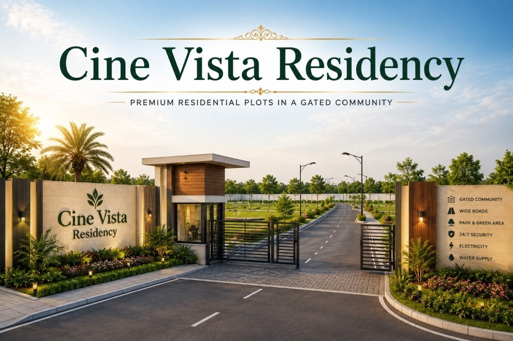 Cine Vista Residency premium residential plotted development entrance, wide internal roads, and landscaped grounds