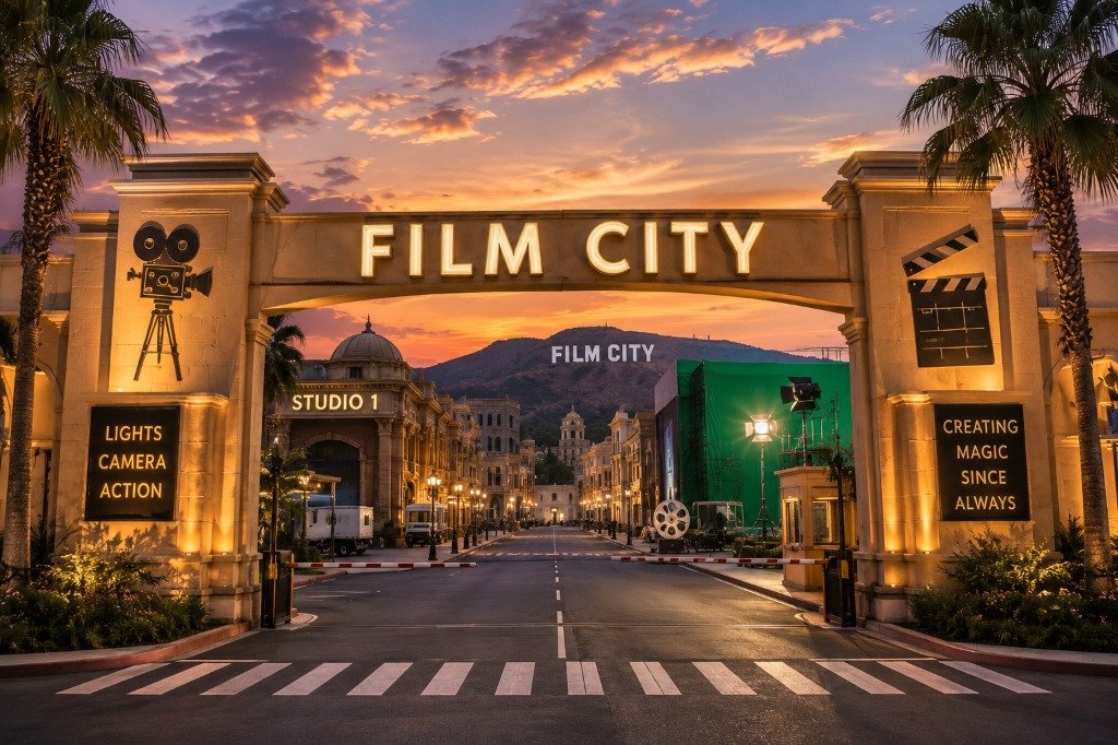 Noida Film City entrance and regional sector access road near Yamuna Expressway