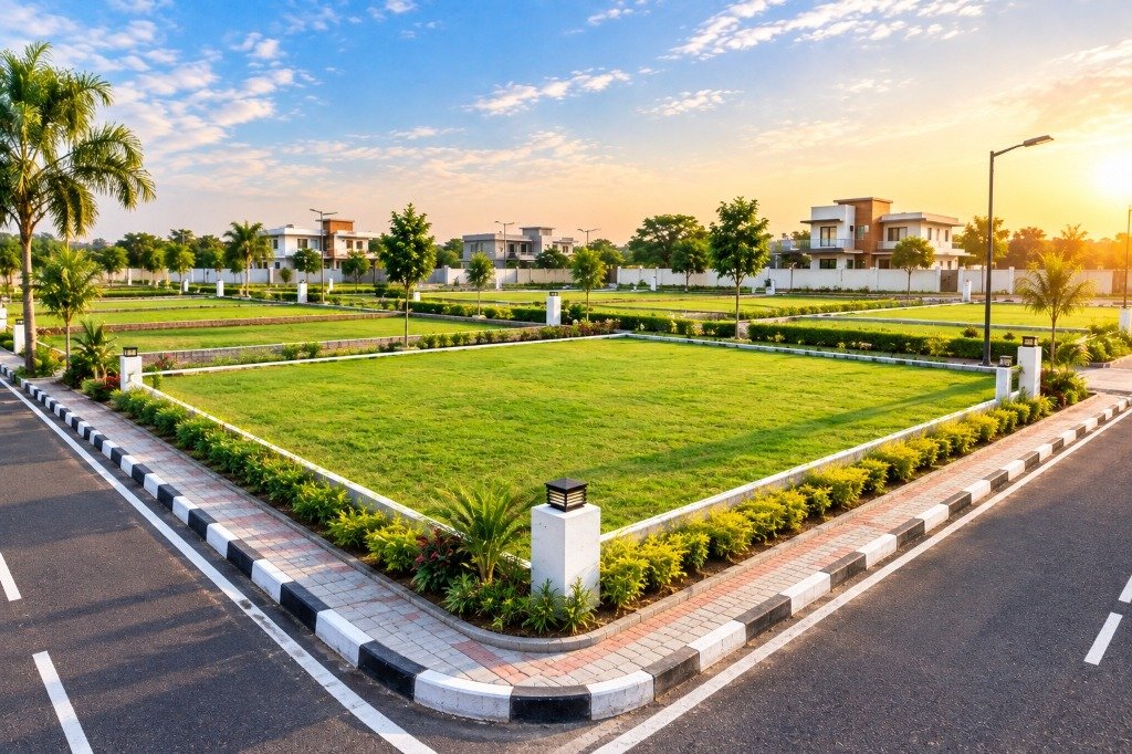 Cine Vista residential corner plot frontage with dual-road access