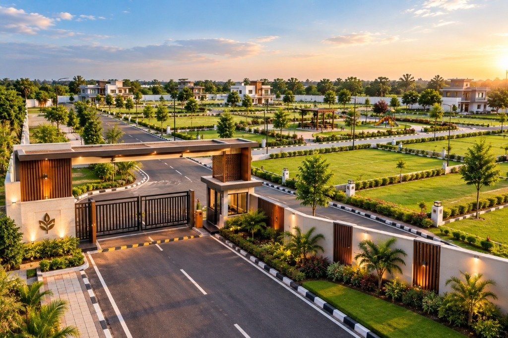 Cine Vista residential plot development site with landscaped grounds